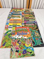 Full lot of Teenage Mutant Ninja Turtles comics laid out on table