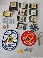 overview of all accessories, pins, patches, buckle, key clip
