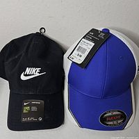 Both caps front view showing logos and tags