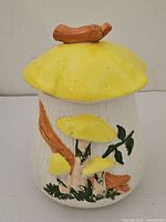 Front view of ceramic mushroom canister with lid in place