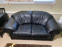 Front view of black leather loveseat showing overall design and condition