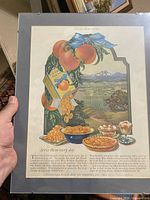 Blue Ribbon Peaches advertising print showing peaches, cereal bowl and rural landscape