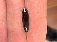 Gemstone on fingertip showing size, marquise shape, dark brown color