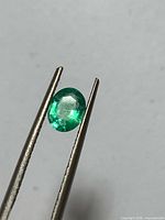 Loose oval green emerald held by tweezers