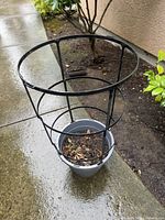 Grey plastic planter pot with soil and black metal tomato cage outdoors on concrete walkway