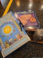 Heaven on Earth book, Astrology Kit box, crystal point on wooden stand