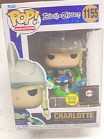 Front view of boxed Funko Pop Charlotte showing figure, number, glow sticker