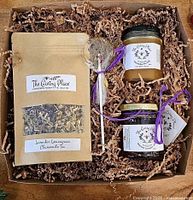 Gift set with tea, honey, jam shown for illustrative purposes