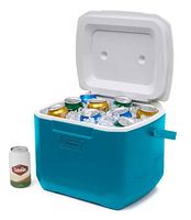 Cooler open, ice and cans inside to show capacity
