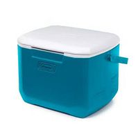 Angled view of closed blue Coleman cooler with white lid