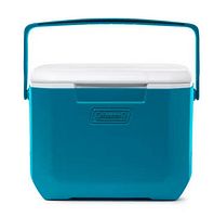 Front view of blue Coleman 16-QT cooler with handle up