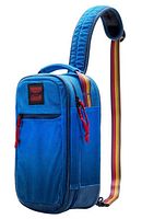 Front view of blue cooler sling showing strap and pocket
