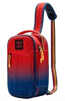 Front view of cooler sling showing red-to-blue gradient, yellow zippers, multicolour strap