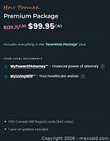 Screenshot of LegalWills.ca Premium Package showing CAD 99.95 price and included documents