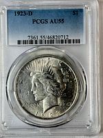 PCGS slab front showing 1923-D Peace Dollar obverse and grade AU55 label