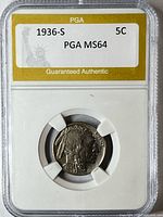 Front of PGA slab showing obverse and grade 1936-S 5C PGA MS64