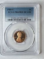 Obverse of PCGS-slabbed 1989-S Lincoln cent showing grade label PR69RD DCAM