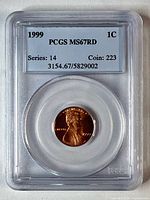 Front of PCGS slab showing obverse, grade MS67RD and certification number