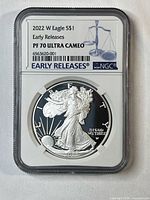 Obverse view of PF70 American Silver Eagle in NGC Early Releases slab