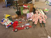 overall view of yard decorations spread on floor