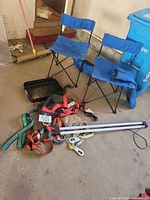 Overall lot showing chairs, harnesses, light, roasting pan