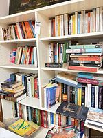 Full bookshelf showing large quantity of assorted paperbacks across multiple shelves