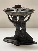 Front view of Egyptian figural pedestal dish with lid