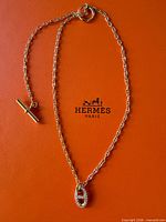 Necklace laid out showing chain, pendant, bar toggle clasp on Hermes box lid