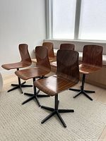 six matching molded plywood chairs on black metal star bases