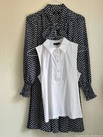 Dress and blouse hanging together front view