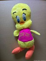 Front view of Tweety Bird plush showing overall design, eyes, beak, shirt text, and feet