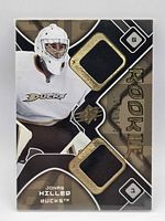 Front of card showing Jonas Hiller image, two jersey swatches, ROOKIE text, SPx branding