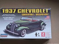 Front of box showing Lindberg 1937 Chevrolet Convertible 1/32 model kit
