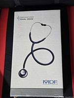 Front of retail box showing MDF Medifriend stainless steel dual head stethoscope branding