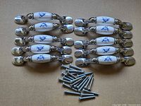 ten porcelain cabinet pulls with screws laid out