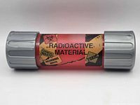 full view of closed canister showing warning graphics