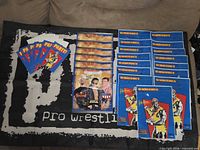 All items laid out: banner as background, favor bags, PARTY! cards, Hulk Hogan invites