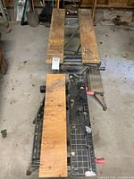 Top view showing both work benches and their wooden surfaces