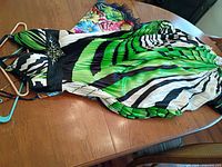 Green black white pleated halter dress with beaded waist