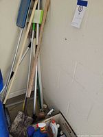 Group of long-handle tools and chemical bottles in corner