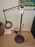 Entire magnifying floor lamp showing arm, head, base, and cord