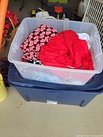 Clear tote atop blue bin containing mixed clothing