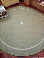 Full view of round green rug showing overall design and condition