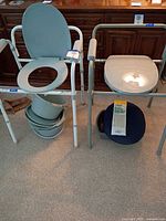 Both commode chairs with seats, cushion and accessory overview