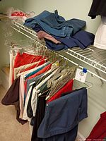 Multiple skirts and pants hanging and folded on closet rack, showing variety of colors and fabrics