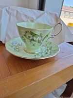 Teacup on saucer, side view showing pattern and color