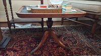 Full view of coffee table on rug