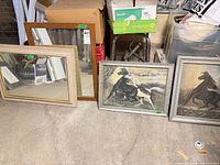 Four framed items: two mirrors and two horse artworks