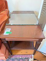 Top view of table with glass insert in place, shows overall surface and finish