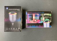 Front of both boxes showing product images and name Bluetooth LED Bulb Speaker SU-06